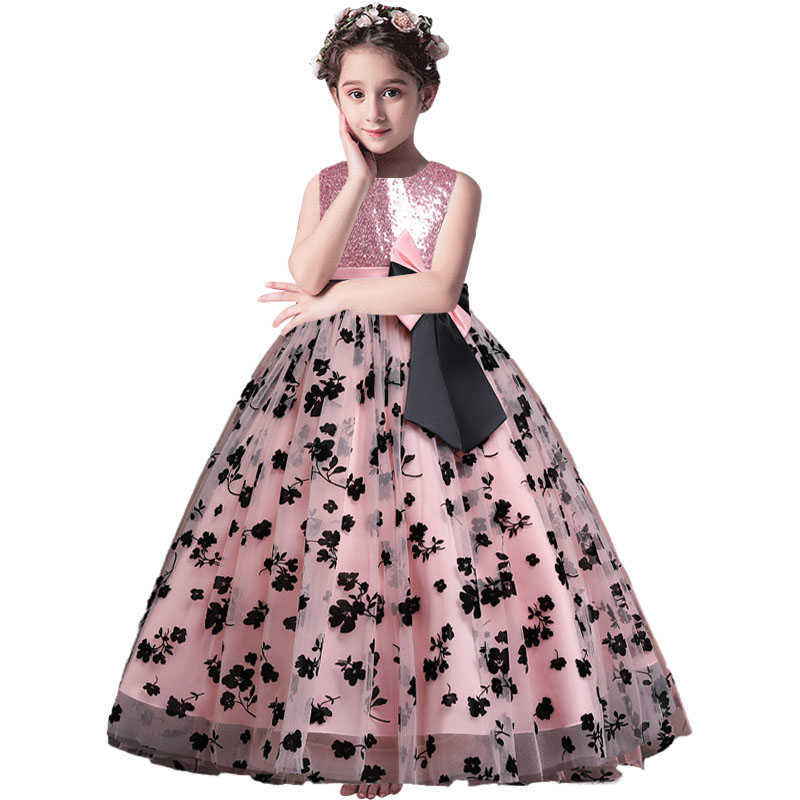Robes de fille Anniversaire de fille de fleur communion robe de bal du président princesse fille maille dentelle papillon rosée dos robe en forme de V W0224