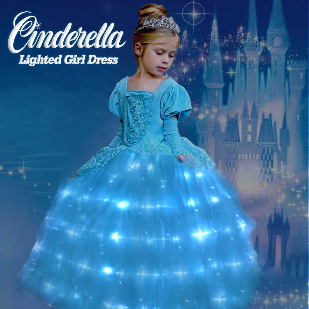 Vestidos de menina Tribunal Europeia Venha Princesa Blue Glamour Dress Girl Cosplay Carnival Aniversário Gift Party Night Evening LED LUZ LUGHTREST W0224