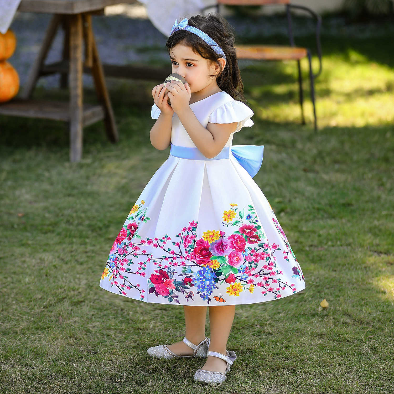 Robes de fille Printemps nouvelle robe de mariée à fleurs imprimées pour filles robe de princesse enfants robe de demoiselle d'honneur enfants robes de soirée avec nœud papillon 1-10 ans