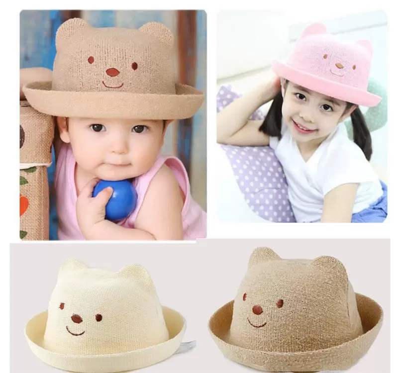 Cute Bear Kids Summer Panama Hats Colorful Girls Luffy Straw Hat Anti-Sunshine Straw Hat Outdoor Beach Lovely Round Baby Sun Hat TO601