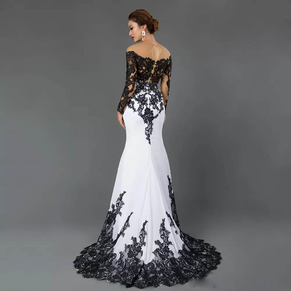 White Black Mermaid Evening gowns With Illusion Long Sleeve African Formal Evening Dresses For Mother Runway Fashion