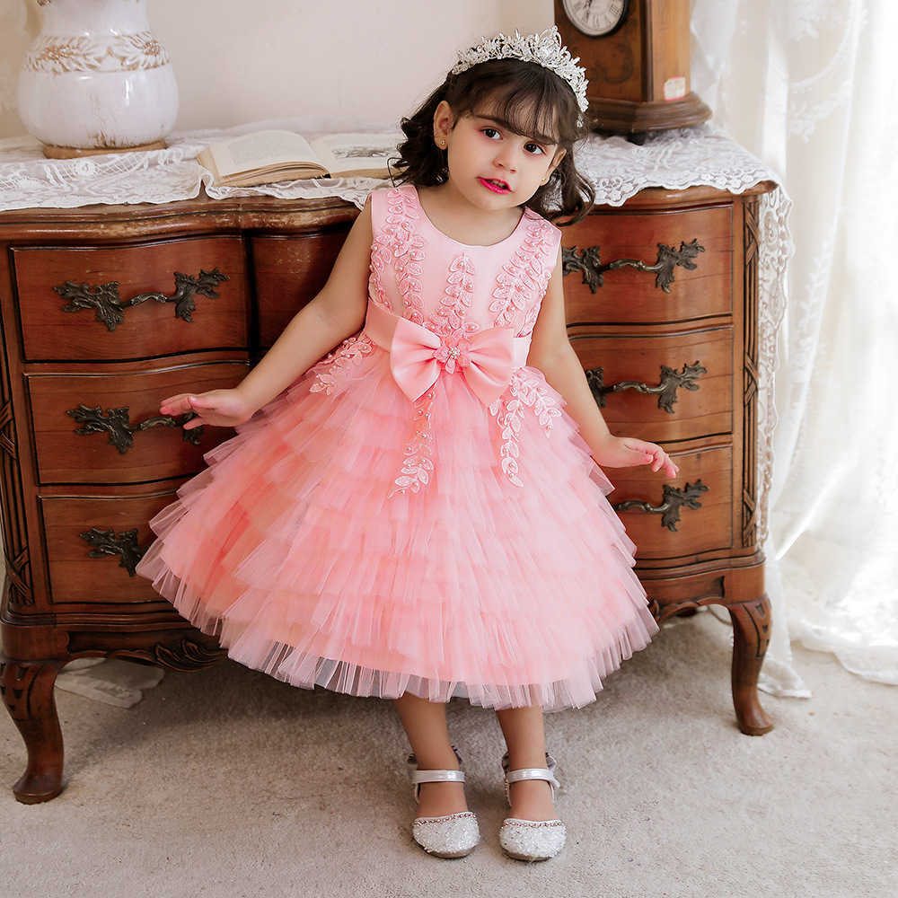 Flickans klänningar 2023 Girls Elegant Dress Children Big Bow Princess Dresses For Kids Girl Applique Lolita Ball Gown Infant Wedding Party Vestidos W0224