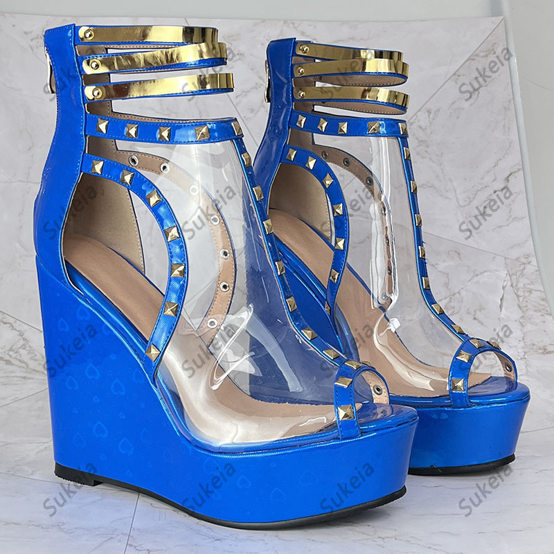 Sukeia Sandali con plateau da donna Rivetti sexy Zeppe trasparenti con zeppa Tacchi peep toe Bellissime scarpe blu da donna Plus Size 5-20