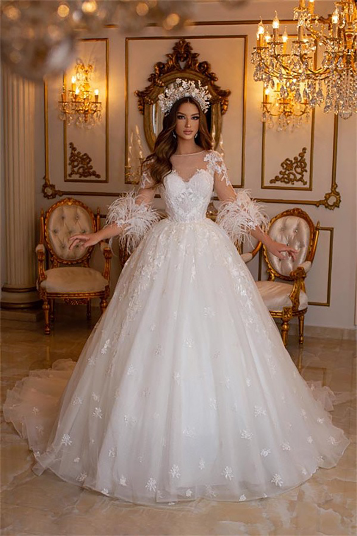 Glamour robe de bal robes de mariée chérie trois quarts manches dentelle demandeur plumes robe de cour paillettes sur mesure robe de mariée robes De Novia