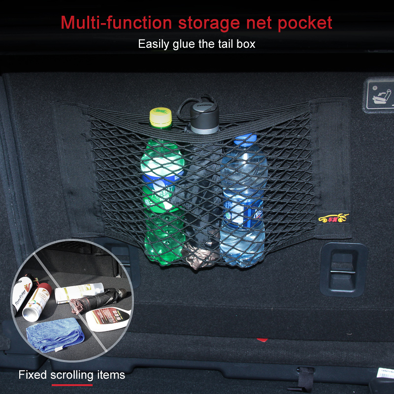 Universal Carreço traseiro Organizador do porta -malas do assento elástico String net adesivo mágico saco de armazenamento de bolso de bolso de gaiola automática