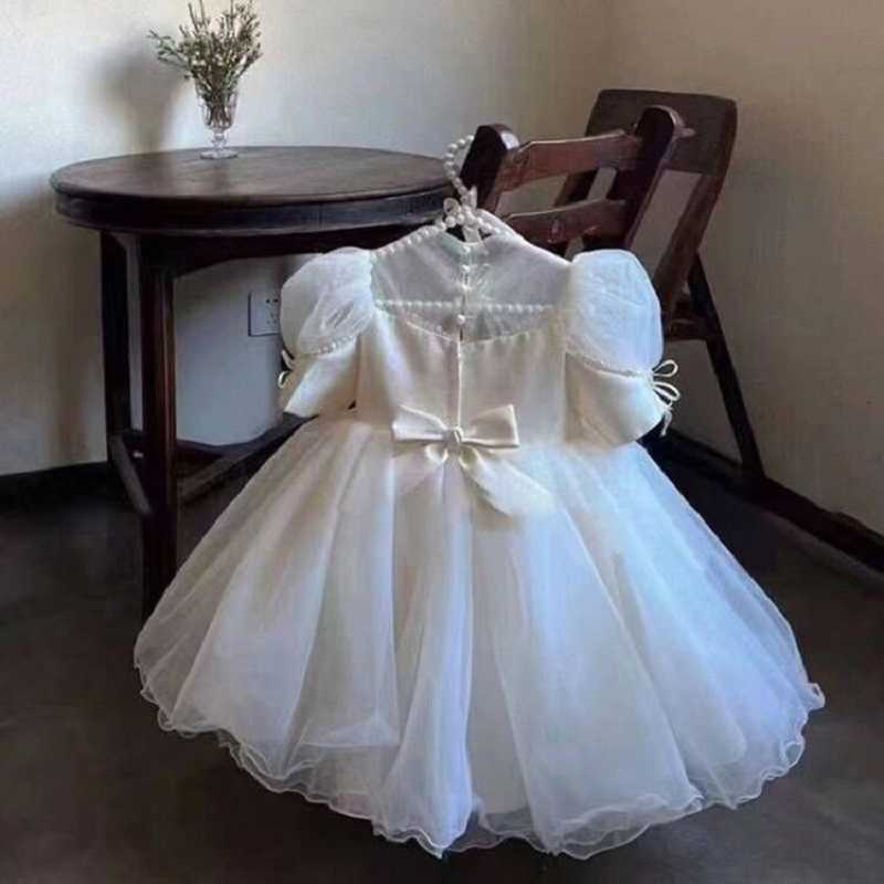 Flickans klänningar 0-12 år Flickor Födelsedagsfestklänning Girl Puff Sleeve Pearl Mesh Dress Baby Satin Wedding Flower Girl Princess Dress