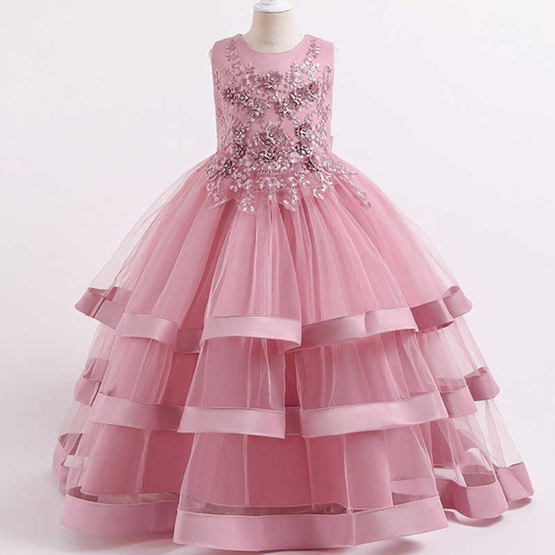 Girl's jurken Summer Girls Pageant Pink Flower Princess Party Durk Elegant Kinder kinderen Bruidsmeisje Kleding Evening Wedding Promvestidos W0224