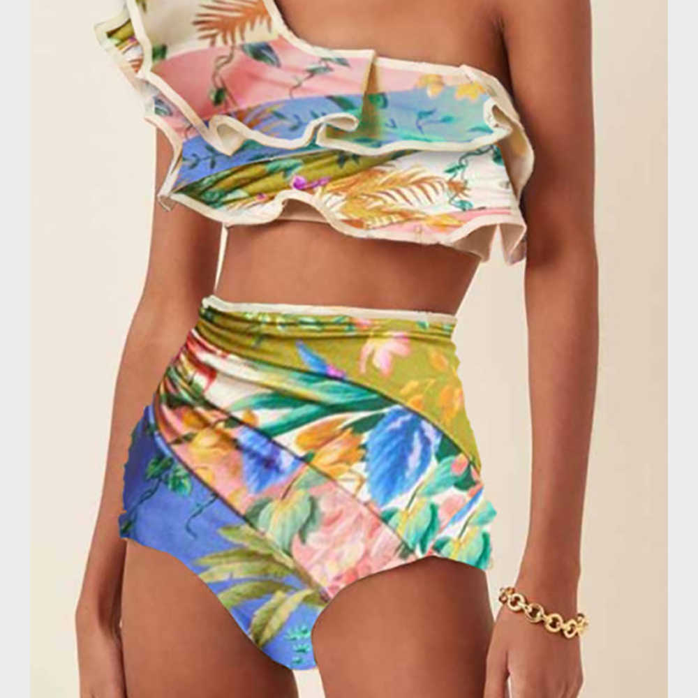 Swimwear Women the Sweler Swimwear Ruffled Colorblock Print Bikini Split-Joint Two-Piece Swimsuits High Waist Biquini Bathing Fult Beach Wear T230303