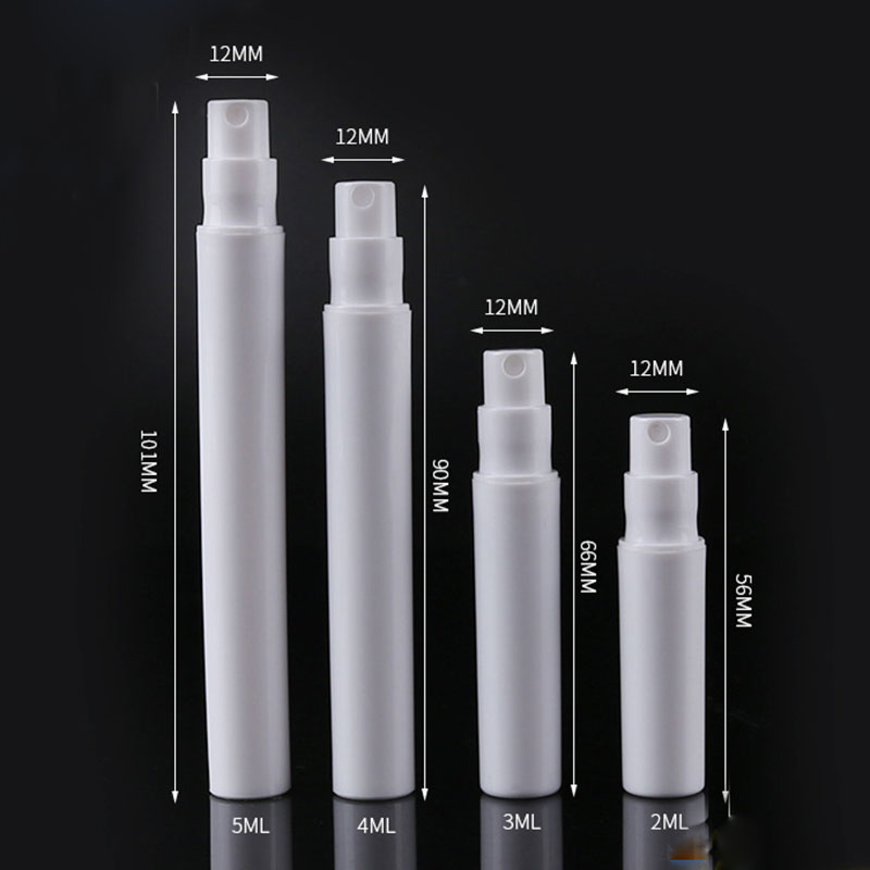 Hög Qaulity White Essential Oil Exempel Sprayflaskor 2 ml 3 ml 4 ml 5 ml Vit parfymplastprayflaska