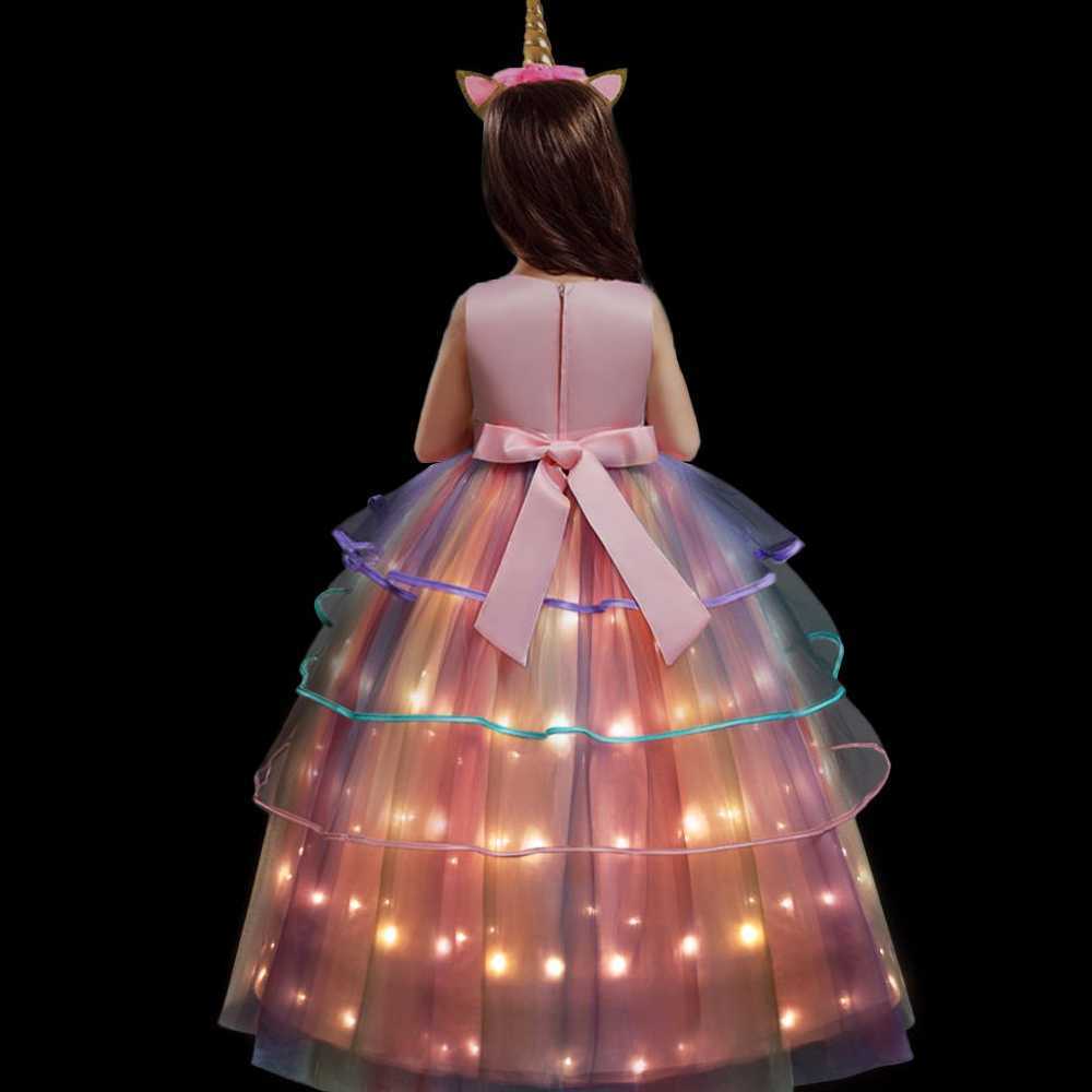 Flickans klänningar Rainbow Come Princess Led Light Up Dress Glamour Girl Cosplay Carnival Birthday Gift Party Gown Evening Dresses W0224