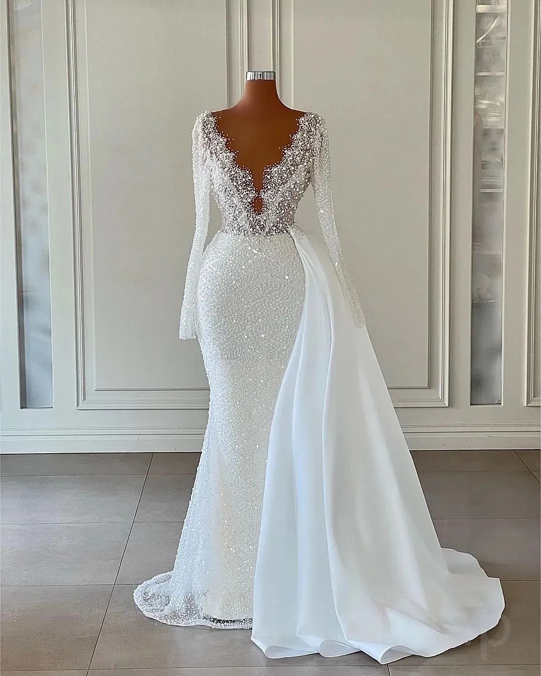 2023 Arabic Aso Ebi Sequined Lace Mermaid Wedding Dress Sexy V Neck Long Sleeves Beaded Pearls Luxurious Bridal Gowns Dresses