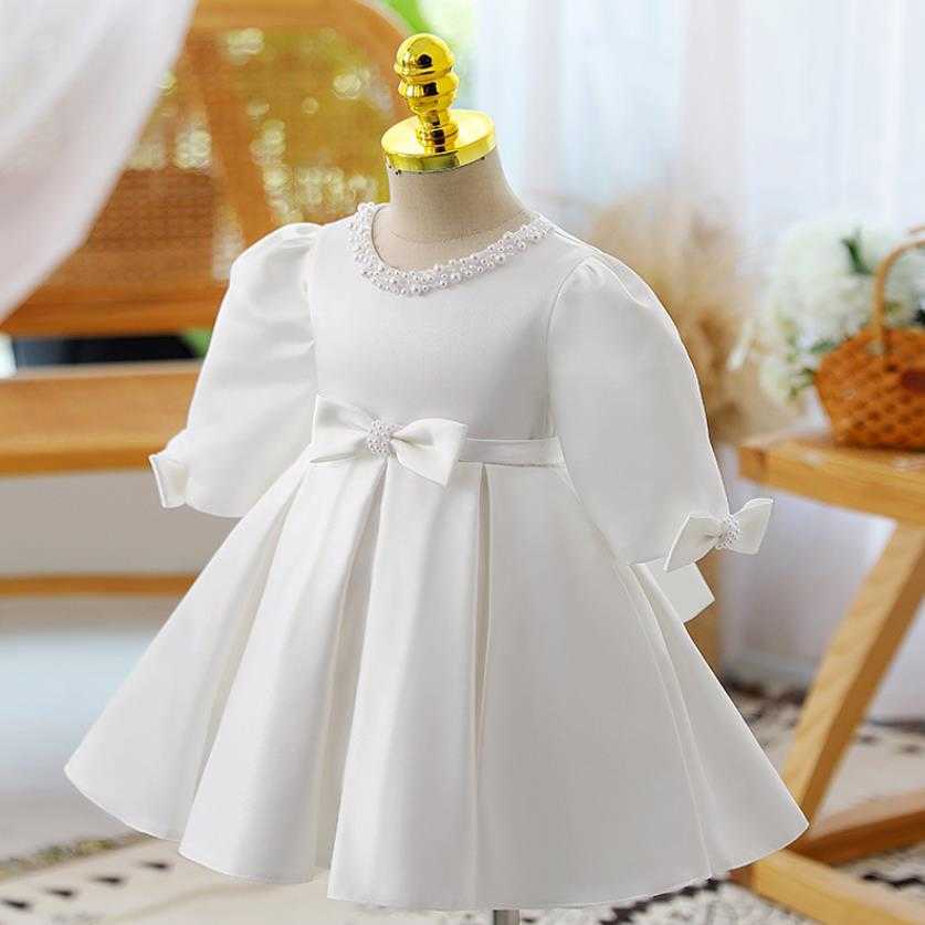 Robes de fille Haut de gamme Baptême des enfants Princesse Robe de soirée Bow Perles Design Mariage Fête d'anniversaire Robes de filles pour Eid A2402 W0224