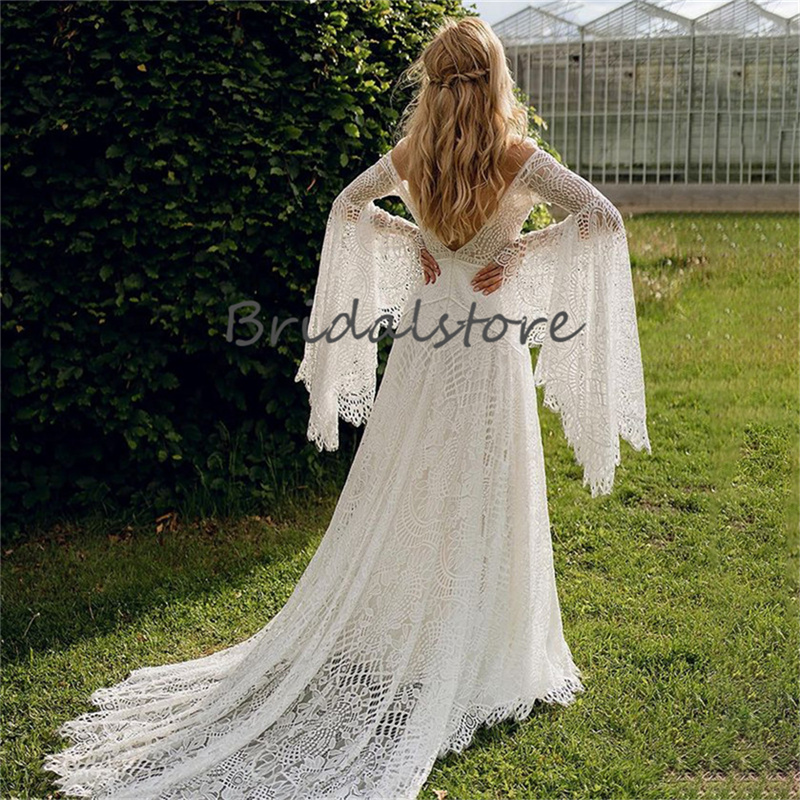 Fairy Bohemian Lace Wedding Dress 2023 Summer Garden Boho Bride Dresses Flare Long Sleeve Sexy Backless Crochet Bridal Gown Chic vestido de noiva robe de mariee