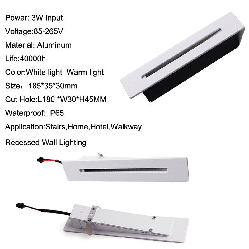 Einbau-LED-Treppenleuchte, rechteckig, 3 W, Treppenleuchte, AC85–265 V, LED-Wandleuchte für den Innenbereich, Beleuchtung, Treppe, Treppe, Flur, USASTAR