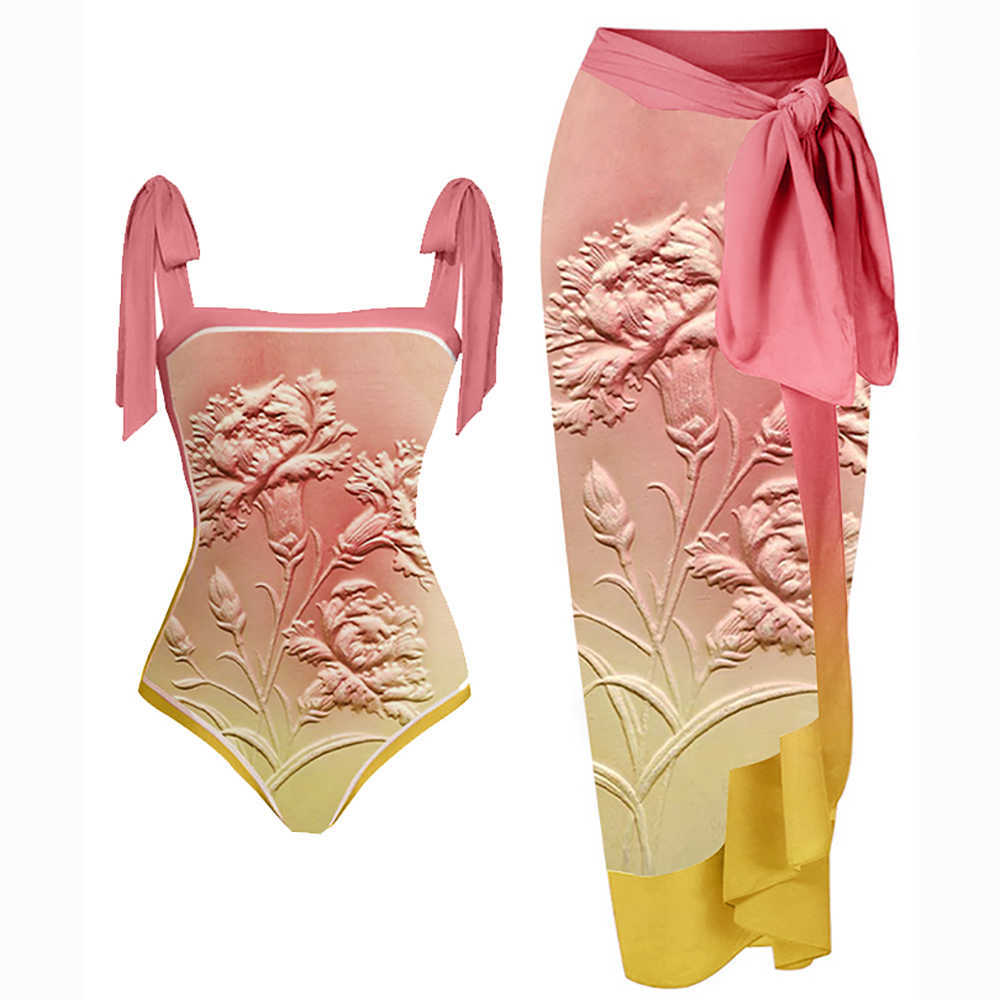Mutada de banho feminina Swimwear 2022 Fashion Vintage Floral Design Gradient Biquíni Conjunto Sexy One Piece Swimsuit e encobrimento de maiô de traje de banho T23030303