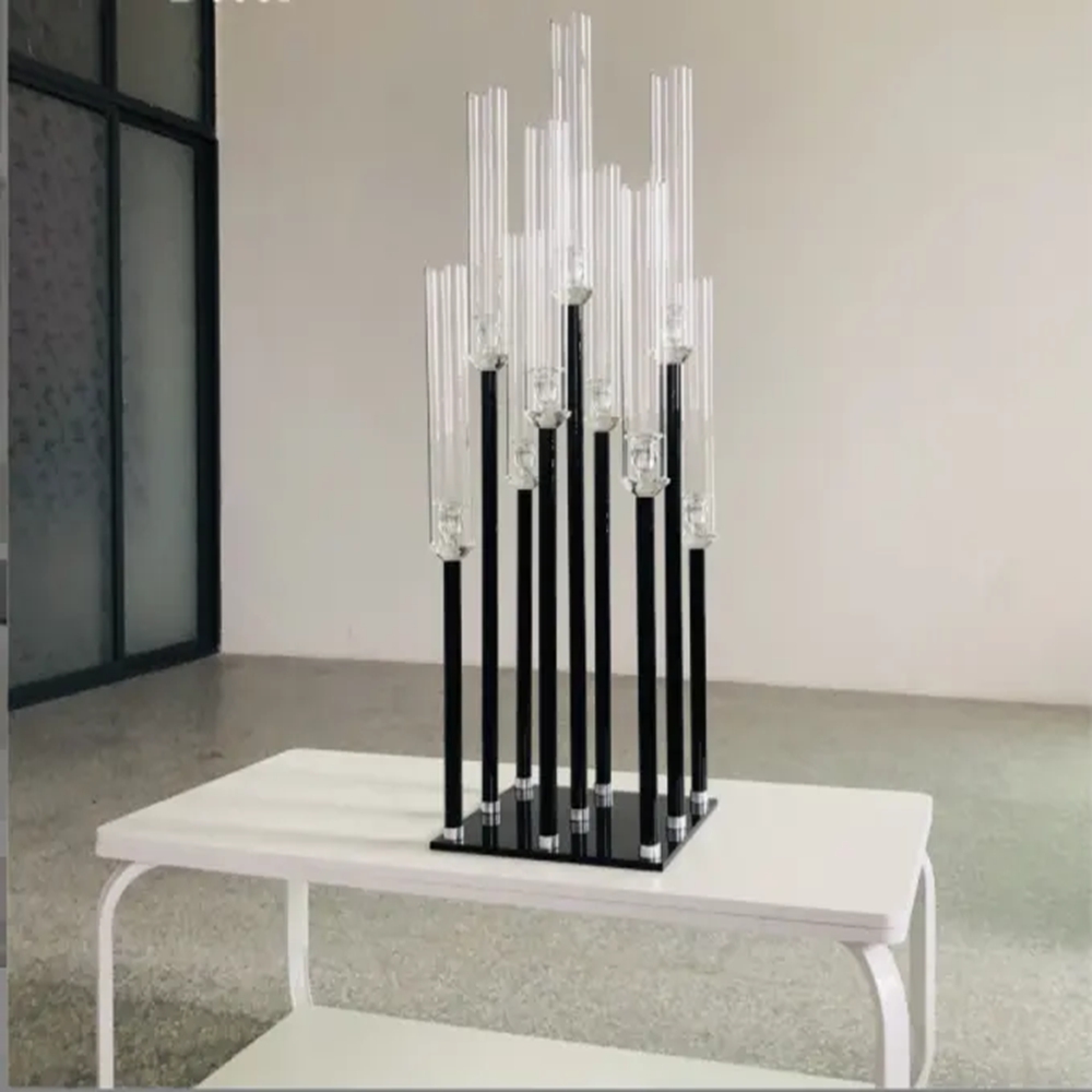 decoración Venta al por mayor nueva tendencia negro alto de tallo largo mesa de acrílico candelabro centro de mesa de boda candelabros de tubo de metal de cristal para la venta imake631