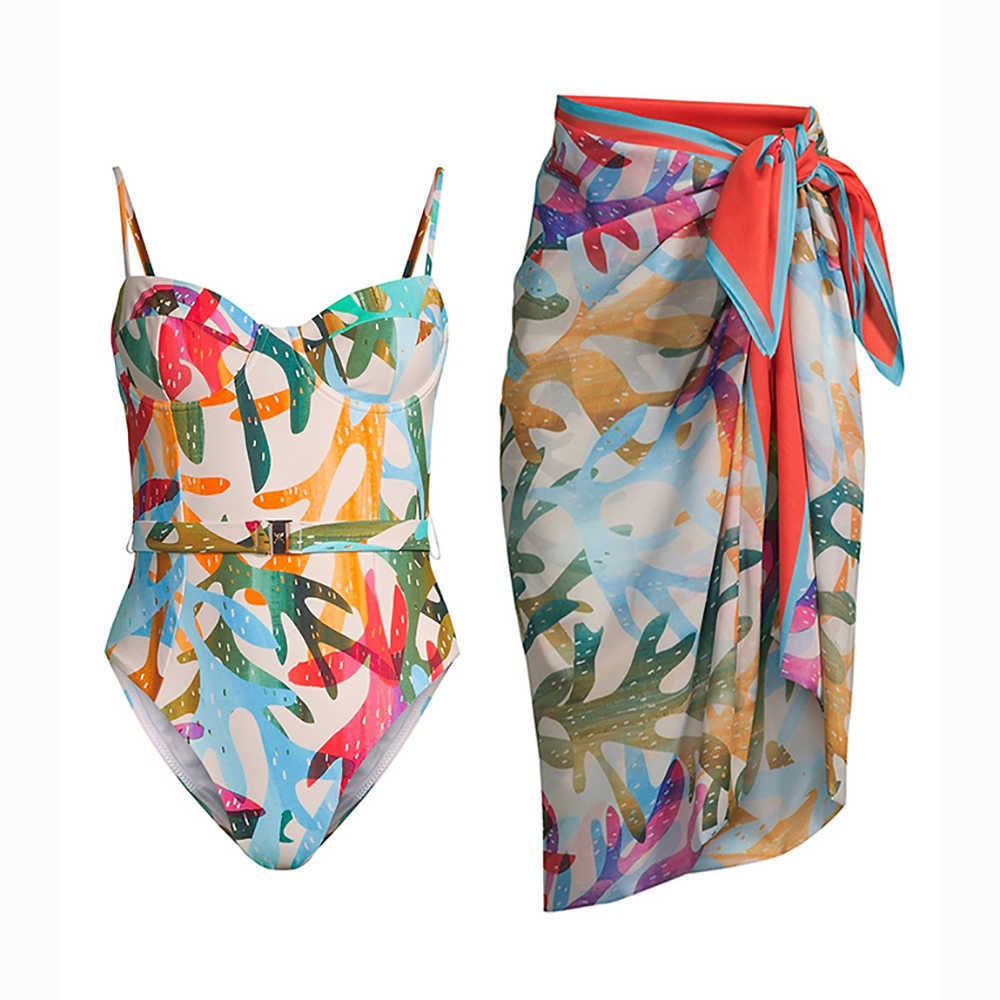 Dames badmode 2023 Nieuwe kleurrijke print zwempak één stuk modekleurblok push -up bikini's chic sling badpak zomerstrand slijtage backless t230303