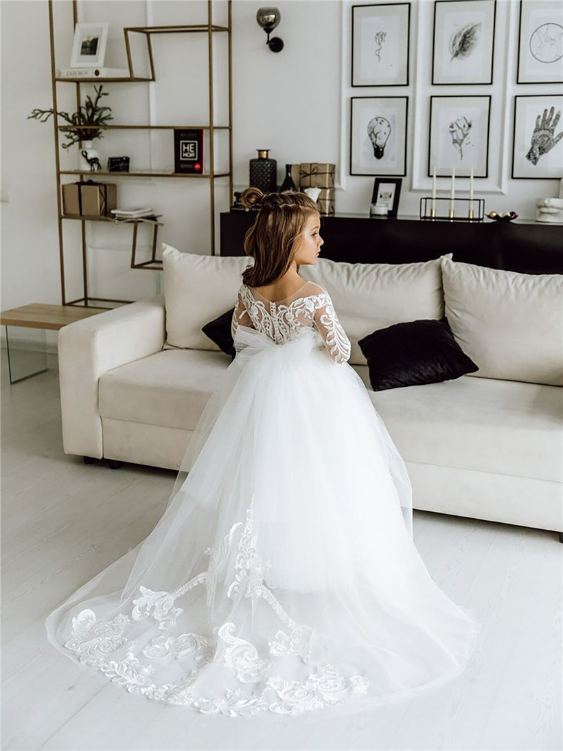 In STock Flower Girl Dresses Sheer manica lunga Appliques pizzo bambini compleanno abito da sposa MC2308