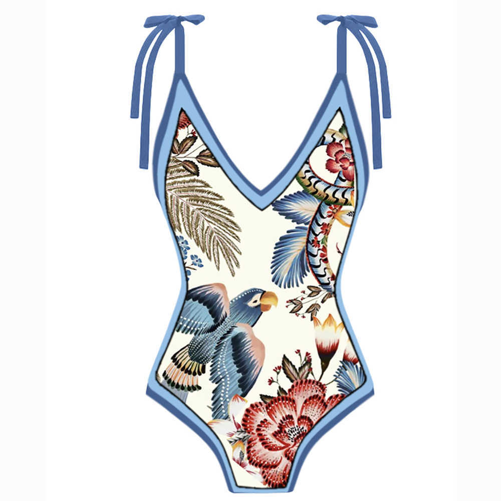 ملابس السباحة للسيدات عتيقة اللون الأزهار المطبوعة بيكينيس الأزياء من قطعة واحدة من السباحة والتستر مثيرة V-neck ملابس السباحة بدلة السباحة النحيفة T230303