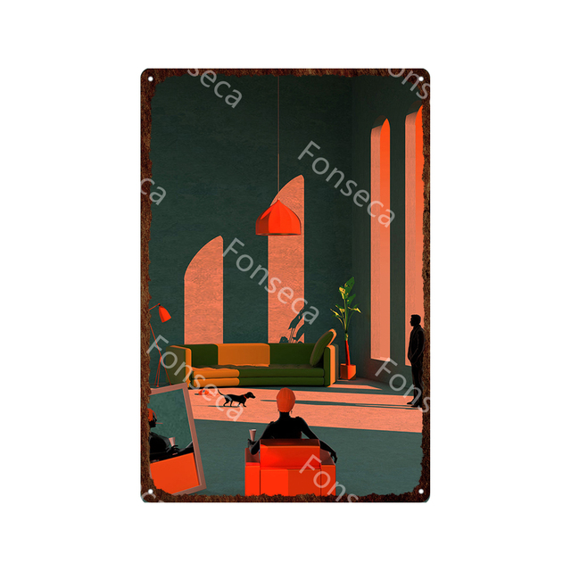 Cenário de ilustração de desenhos animados placas de metal placas de lata paisagem arte de parede de parede de ferro pintura em casa decoração de jardim metal placas 30x20cm w03