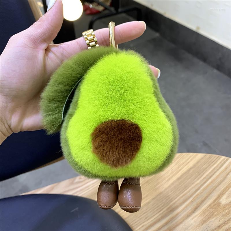 Keychains Flauschige niedliche Avocado -Ornamente Rex Fell Schlüsselbund Frauen Bag Anhänger weiche Obstpuppe Spielzeugauto Key Metal Ring Girl Geschenk2683