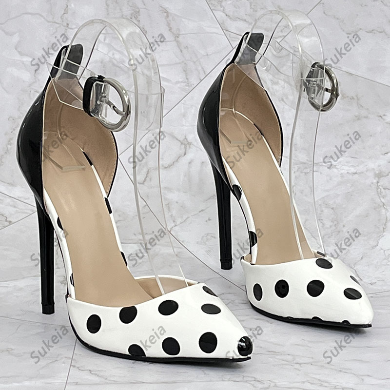 Sukeia Nya kvinnor Spring Pumps Ankle Strap Point Toe Sexig Polka Dot Stiletto Heel Black Office Lady Shoes Plus US Size 5-15