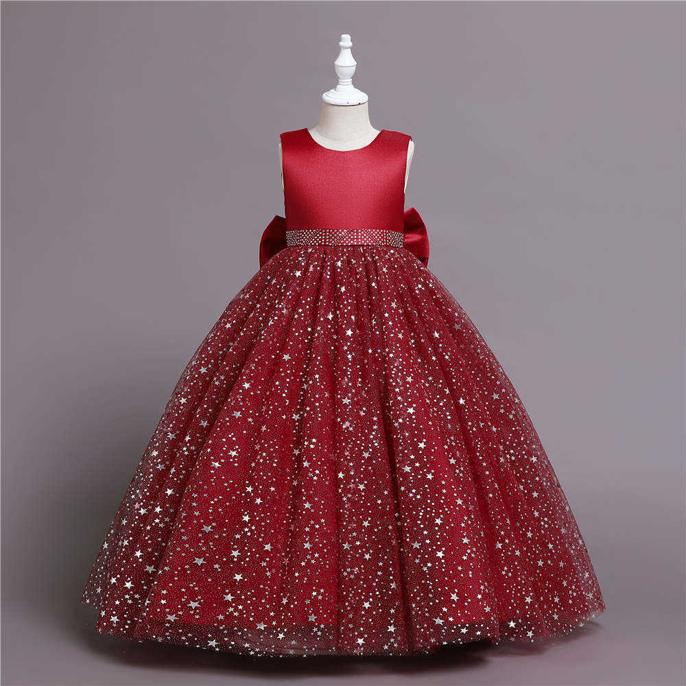 Flickans klänningar Kids Girls Stars Dots paljetter Party Princess Dress Teenager Ball Gown Bow Lace Evening Weddings Prom Come 3 ~ 12 Years Clothes W0224