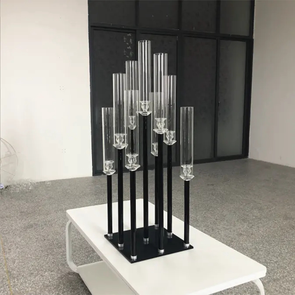 decoración Venta al por mayor nueva tendencia negro alto de tallo largo mesa de acrílico candelabro centro de mesa de boda candelabros de tubo de metal de cristal para la venta imake631