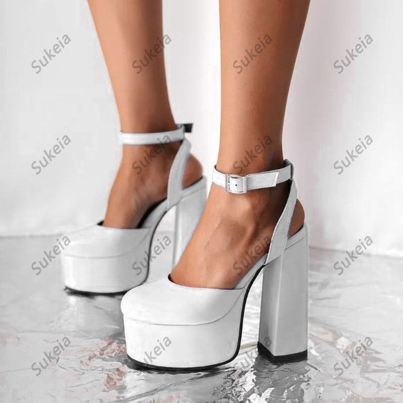 Sukeia femmes bride à la cheville sandales Faux cuir talons épais bout rond belle Violet chaussures de fête dames taille américaine 5-15