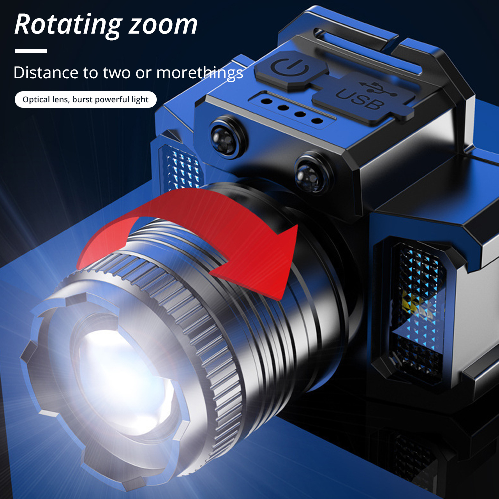 Oplaadbare sensor LED -koplamp Zoom Zoom Viskoplamp Torch Outdoor Super heldere koplamp Waterdichte kampeerjacht Hoofdlamp