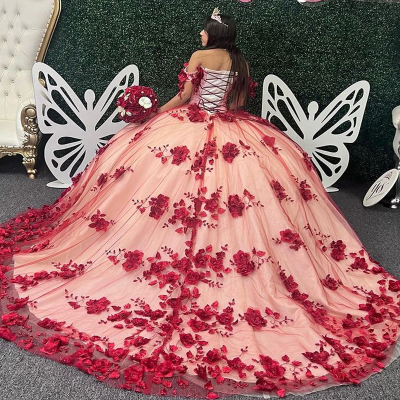 2024 Red 3D Flowers Beading Quinceanera Dresses Off Shoulder Appliques Sparkly Crystal Sweet 16 Prom Party Gowns Luxury Vestidos