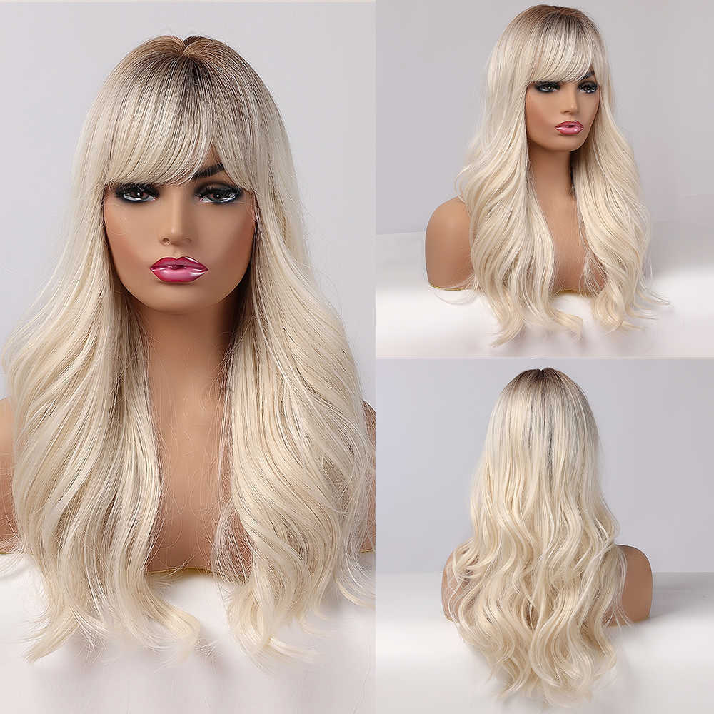 Synthetic Wigs Easihair Long Blonde Wavy Synthetic Wigs with Bangs Natural Wave Hair for Women Cosplay Daily Heat Resistant 230227