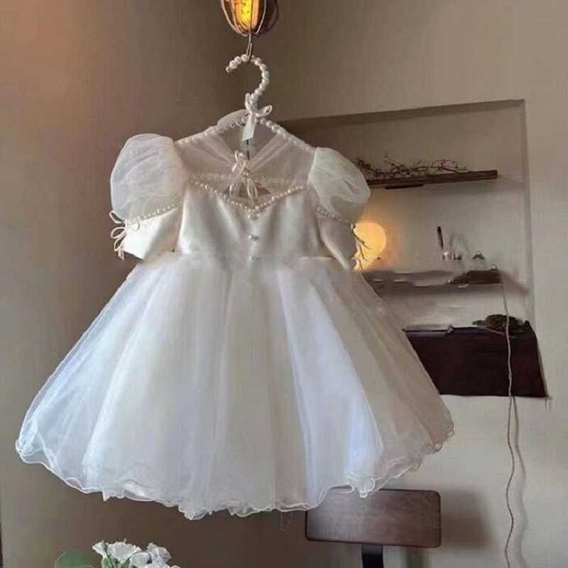 Flickans klänningar 0-12 år Flickor Födelsedagsfestklänning Girl Puff Sleeve Pearl Mesh Dress Baby Satin Wedding Flower Girl Princess Dress