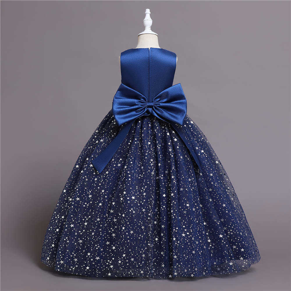 Flickans klänningar Kids Girls Stars Dots paljetter Party Princess Dress Teenager Ball Gown Bow Lace Evening Weddings Prom Come 3 ~ 12 Years Clothes W0224