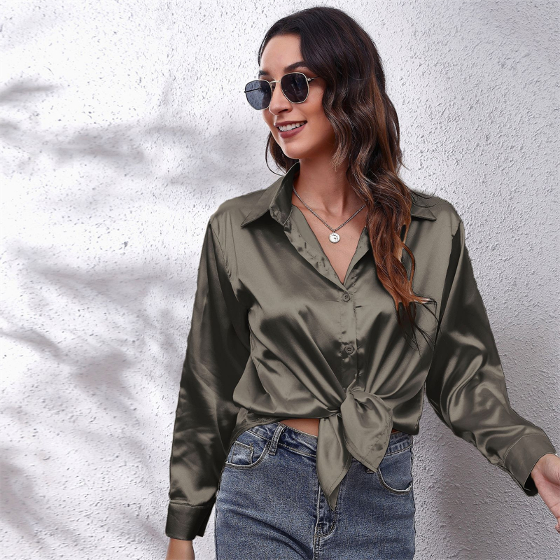 Frühling Satin Shirt Frauen Lose Button Up Bluse Shirt Damen Imitation Seide Langarm Shirt Für Frauen