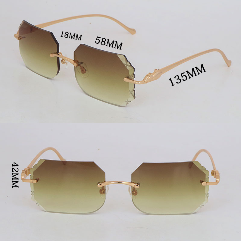 Modische randlose Metall-Sonnenbrille für Damen, Designer-Sonnenbrille mit Diamantschliff, Schutz im Freien, Gold, Cheetah-Serie, Sonnenbrille, optische Größe 60–18–135 mm