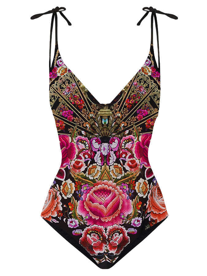 Women's Swimwear Vintage V-Neck Print One-Piece Swimsuit Sexy Lingerie For Women Feminino Beachwear Maillots De Bain Elegance Luxury Slim Fit T230303