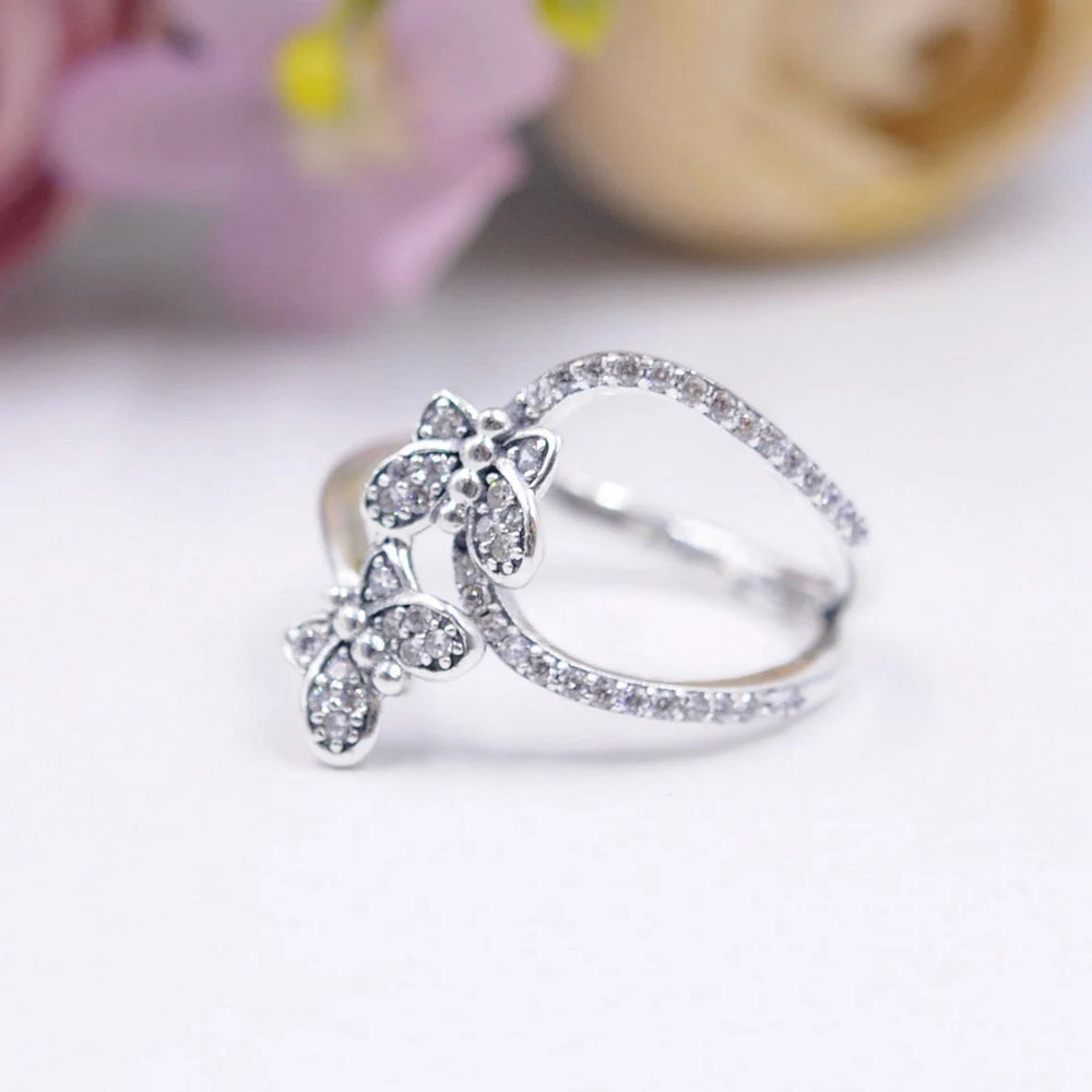 New 925 Sterling Silver Bedazzling Butterflies Ring With Clear CZ Fit Pandora Jewelry Engagement Wedding Lovers Fashion Ring