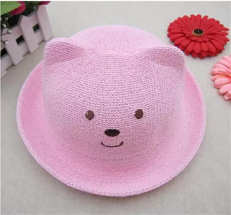 Cute Bear Kids Summer Panama Hats Colorful Girls Luffy Straw Hat Anti-Sunshine Straw Hat Outdoor Beach Lovely Round Baby Sun Hat TO601