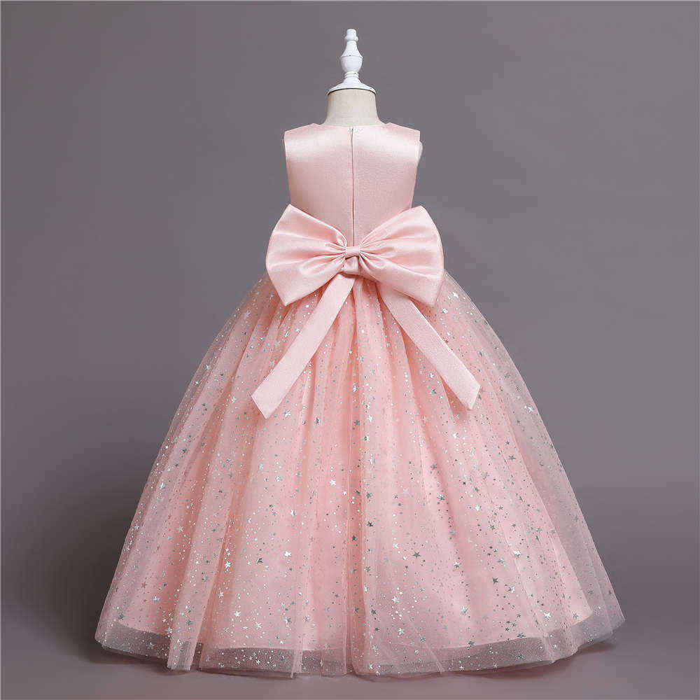 Flickans klänningar Kids Girls Stars Dots paljetter Party Princess Dress Teenager Ball Gown Bow Lace Evening Weddings Prom Come 3 ~ 12 Years Clothes W0224