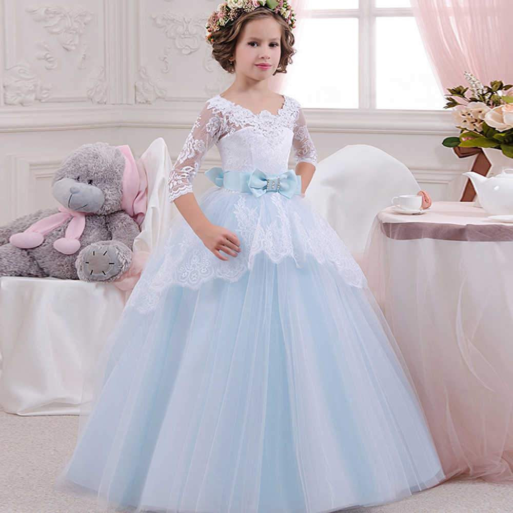 Girl's Dresses Xunbei Light Blue Lace Flower Girl Dres Floor Length Appliqued Pageant Dresses For Women Wedding Party Cocktail Princess Dress