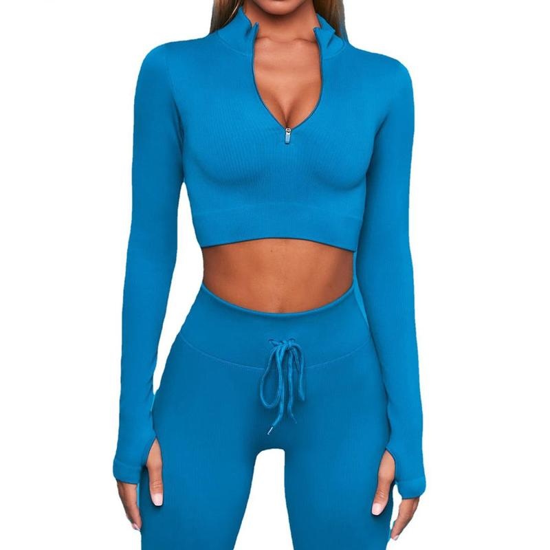 Set da yoga esercizi sportivi da donna a costine senza cuciture, top a maniche lunghe a molla alta e pantaloni legging da donna