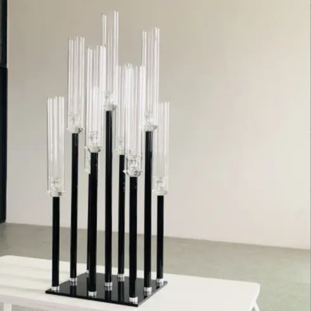 decoración Venta al por mayor nueva tendencia negro alto de tallo largo mesa de acrílico candelabro centro de mesa de boda candelabros de tubo de metal de cristal para la venta imake631