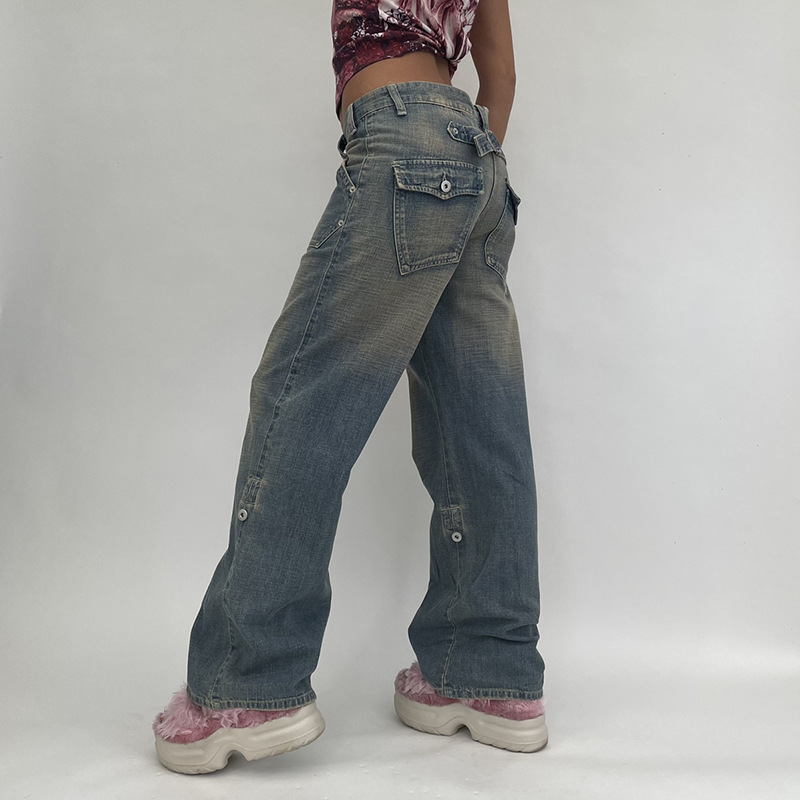 Jeans gambe vintage in denim femminile donna con pantaloni da carico oversize ad alta vita