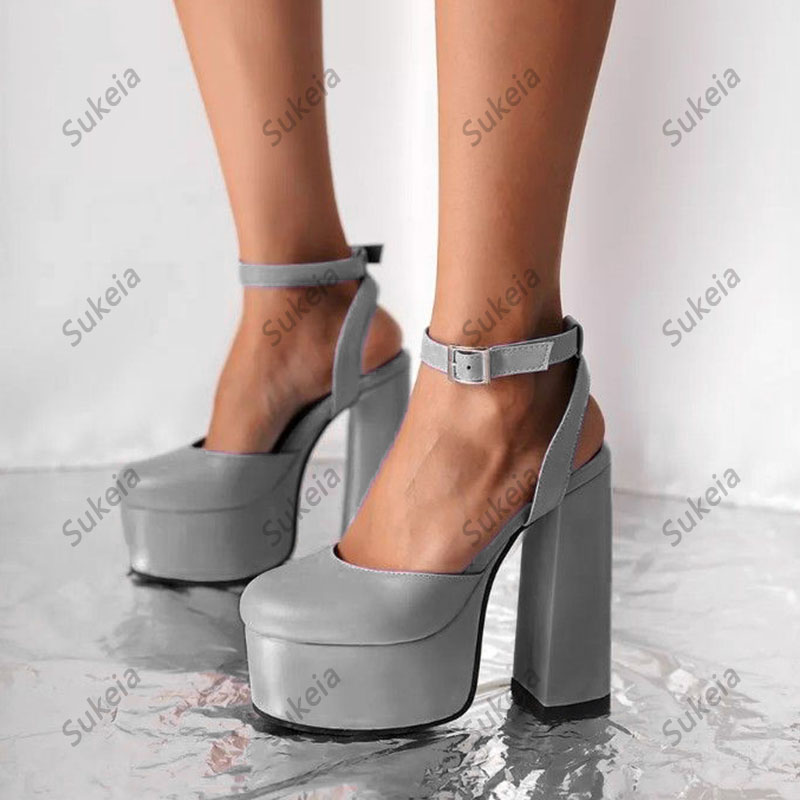 Sukeia femmes bride à la cheville sandales Faux cuir talons épais bout rond belle Violet chaussures de fête dames taille américaine 5-15