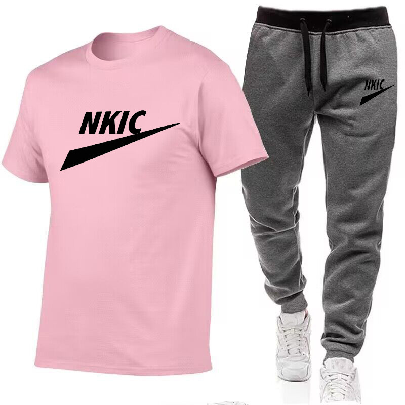 New Summer Clothes Fashion Man Tracksuits Brand LOGO Print Solid Color Sleeve T Shirt Trousers Suit Long Pants Street Clothes Men Clothing Set Plus Size XS-2XL