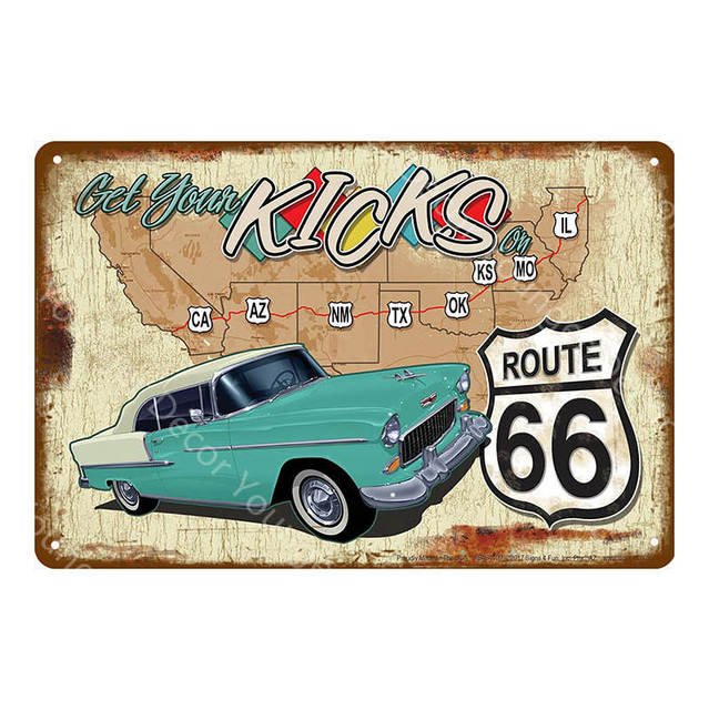 Vintage Route 66 Metall-Blechschilder, amerikanische Straße, Auto, Motorräder, Teller, Wandposter, Retro, Pub, Bar, Club, Heimdekoration, Garage, personalisierte Dekoration, Größe 30 x 20 cm, w02