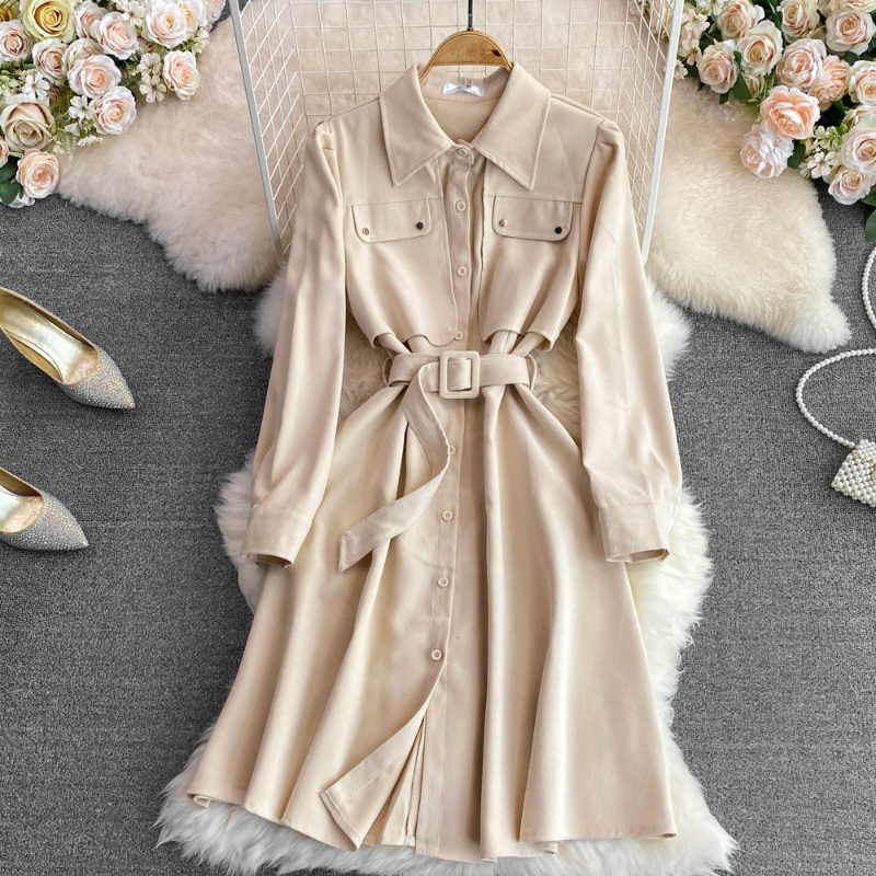 2023 Casual Dresses Vestidos De Mujer Elegant Turn Down Collar Contrast Color Robe Femme Single-breasted Lace Up Slim Waist Dresses