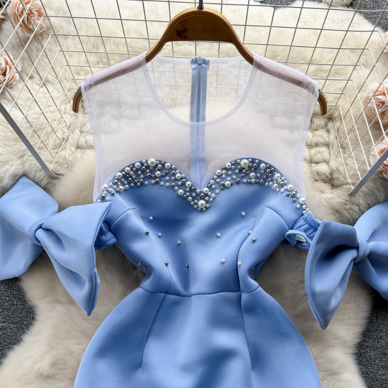 2023 A Line Sex Kleid Frauen Blau hochwertige durchsichtige bodenlange lange Maxi Party Kurzarm Spitze Kuchen Selbstporträt Kleider