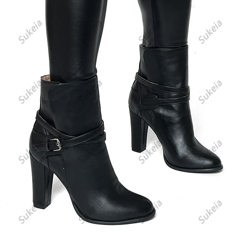 Sukeia handgefertigte Damen-Winter-Stiefeletten mit Schnallenriemen, runder Zehenbereich, klobige Absätze, schwarze Bankettschuhe, Damen, Übergröße, US-Größe 5–20